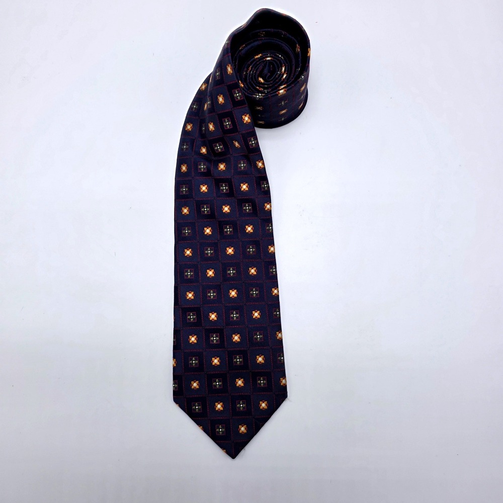 Rooster Mens Navy Blue Silk Geometric Floral Medallion Necktie Hand Made